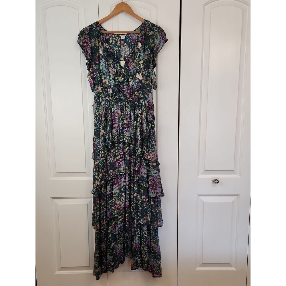 Subdance Tiered Floral Green Purple Embroidered Maxi Dress with V-Neck Size L